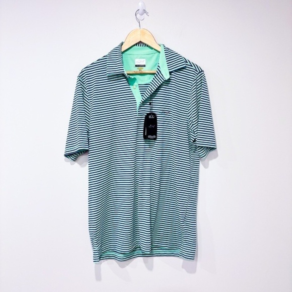 GREG NORMAN Mint Blue Striped Short Sleeve Golf Polo Shirt Medium